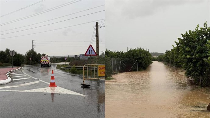 Efectos de la dana Alice en carreteras y caminos de San Miguel de Salinas (Alicante)