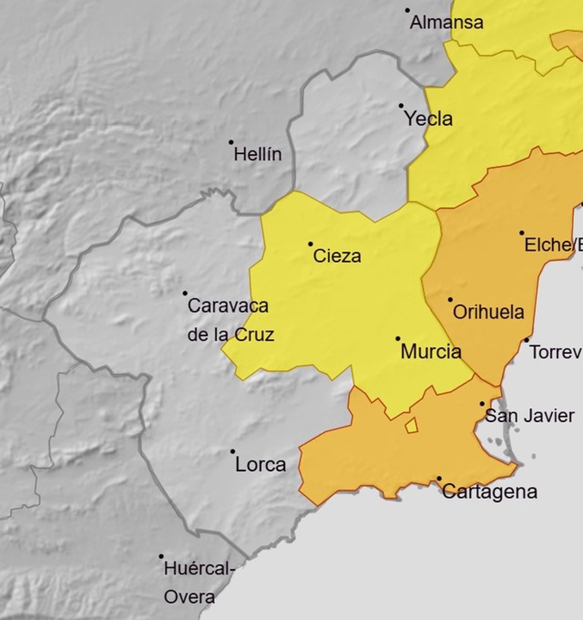 La alerta naranja en Cartagena y Mazarrón estará activa hasta las 7.59 horas de este sábado, después bajará a amarilla