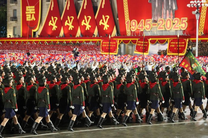 NORTH KOREA, PYONGYANG - OCTOBER 10, 2025: Servicemen march in formation during a military parade in Pyongyangâ€s Kim Il Sung Square marking the 80th anniversary of the founding of the Workers' Party of Korea (WPK)