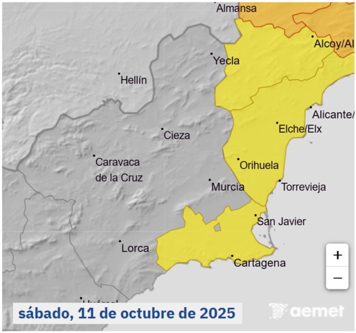 El Campo de Cartagena y Mazarrón continuarán en alerta amarilla hasta las 20.00 horas de hoy sábado