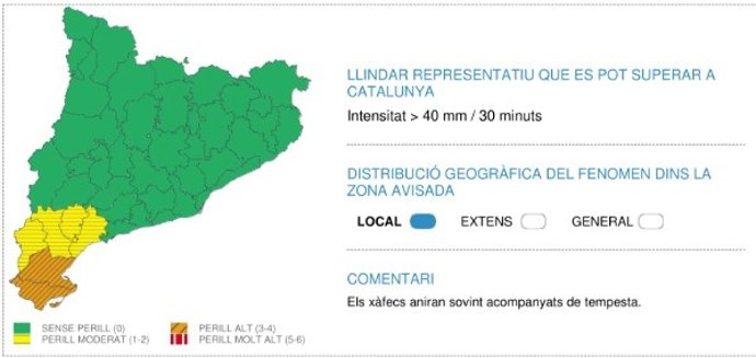 Mapa d'avisos per intensitat de pluja per a aquest dissabte