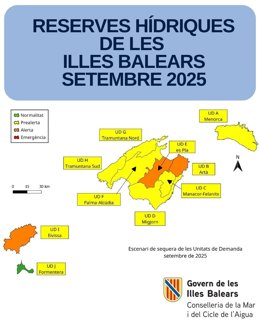 Mapa de las reservas hídricas de Baleares en septiembre de 2025