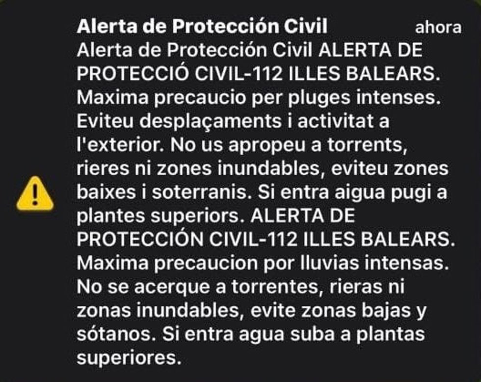 Mensaje 'Es-Alert' enviado a los vecinos del Llevant, norte y nordeste de Mallorca por la dana