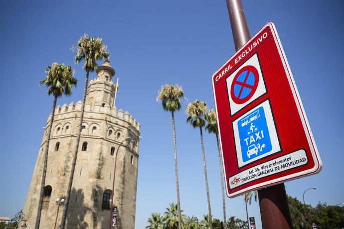 Archivo - Imágenes de la nueva señalización en la ronda histórica de Sevilla para indicar la exclusividad del carril bus, taxi y motos. Imagen de archivo.