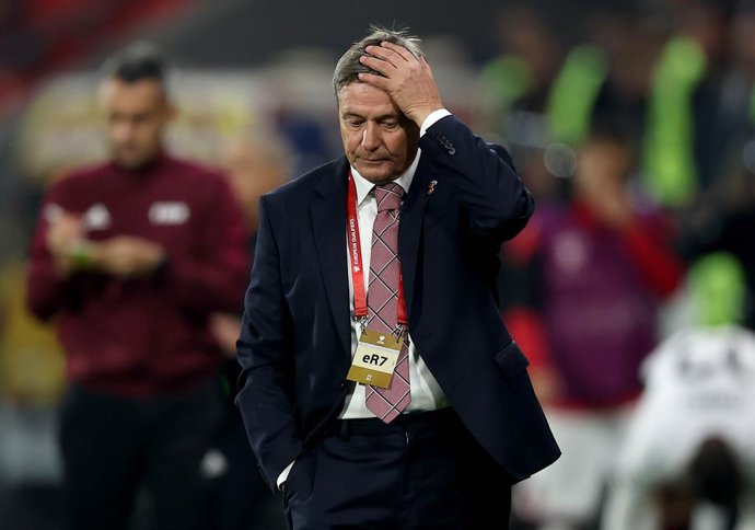 LESKOVAC, Oct. 12, 2025  -- Serbia's head coach Dragan Stojkovic gestures during the World Cup 2026 European Qualifiers Group K football match between Serbia and Albania in Leskovac, Serbia on Oct. 11, 2025.