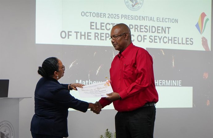 VICTORIA, Oct. 12, 2025  -- Patrick Herminie (R) is officially elected as the president of Seychelles in Victoria, Seychelles, on Oct. 12, 2025. Patrick Herminie, candidate of the largest opposition party in Seychelles, the United Seychelles, has won the 