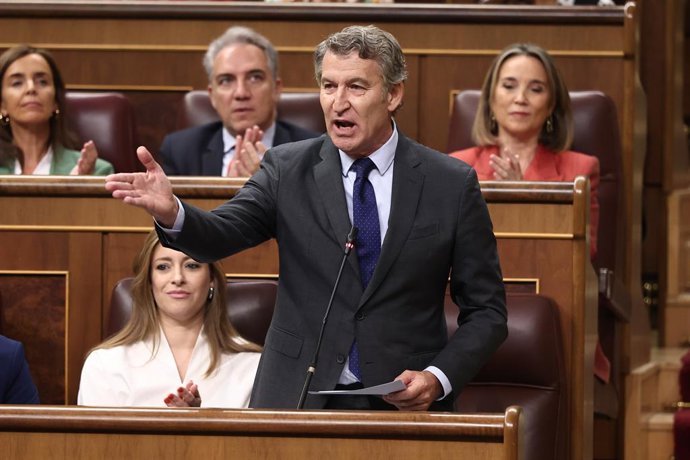 O presidente do Partido Popular, Alberto Núñez Feijóo, fala durante uma sessão de Control al Gobierno, no Congresso dos Deputados, em 7 de outubro de 2025, em Madri (Espanha). A sessão plenária do Congresso vota hoje sobre o embargo de armas contra Israel