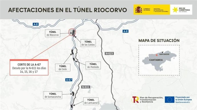 Cortada al tráfico desde este martes la A-67 en sentido Santander a la altura del túnel de Riocorvo
