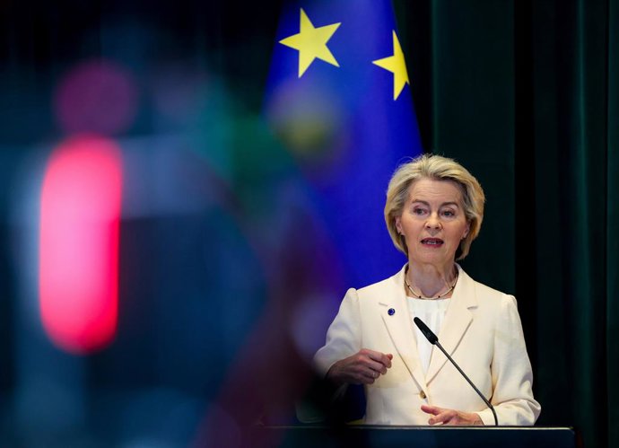 13 October 2025, Albania, Tirana: EU Commission President Ursula Von Der Leyen answer media questions during joint press conference with Albanian Prime Minister Edi Rama (not in picture) on her one day visit in Trana, Albania. Photo: Armando Babani/ZUMA P