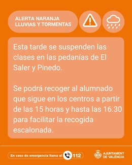 València suspèn classes esta vesprada en els centres escolars del Saler i Pinedo a causa de l'alerta roja per pluja