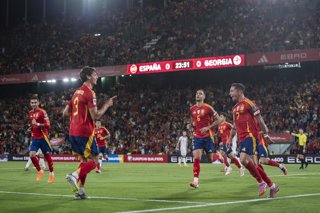 Yeremy Pino of Spain celebrates a goal with his teammates during the FIFA World Cup 2026 Group E European qualification football match between Spain and Georgia at Manuel Martinez Valero Stadium on October 11, 2025 in Elche, Spain.