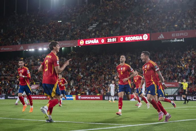 Yeremy Pino of Spain celebrates a goal with his teammates during the FIFA World Cup 2026 Group E European qualification football match between Spain and Georgia at Manuel Martinez Valero Stadium on October 11, 2025 in Elche, Spain.