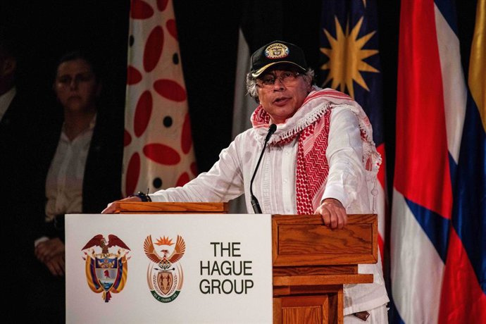 September 26, 2025, Manhattan, New York, United States: Colombian President Gustavo Petro Urrego speaks during The Hague Group high-level meeting at the New York Society for Ethical Culture. Colombian President Gustavo Petro addresses supporters in New Yo