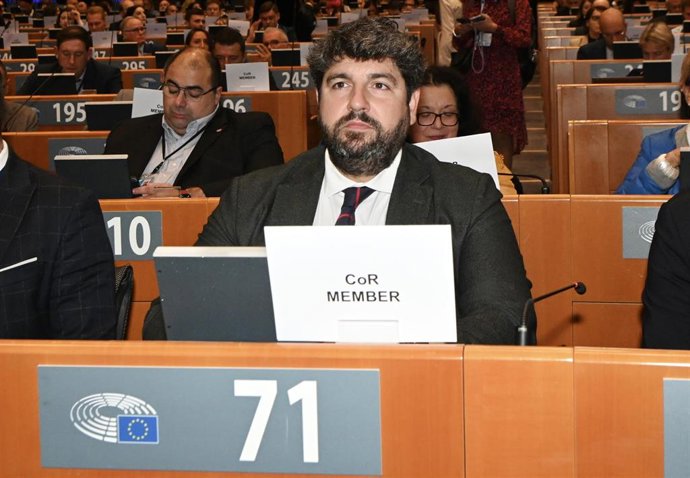 El presidente del Gobierno regional, Fernando López Miras, en la apertura de la semana de las ciudades y regiones del Parlamento Europeo.