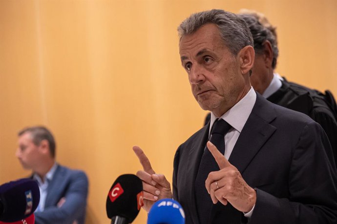 PARIS, Sept. 25, 2025  -- Former French President Nicolas Sarkozy speaks to the media after the verdict of his trial in Paris, France, Sept. 25, 2025. Former French President Nicolas Sarkozy was sentenced on Thursday to five years in prison with a deferre