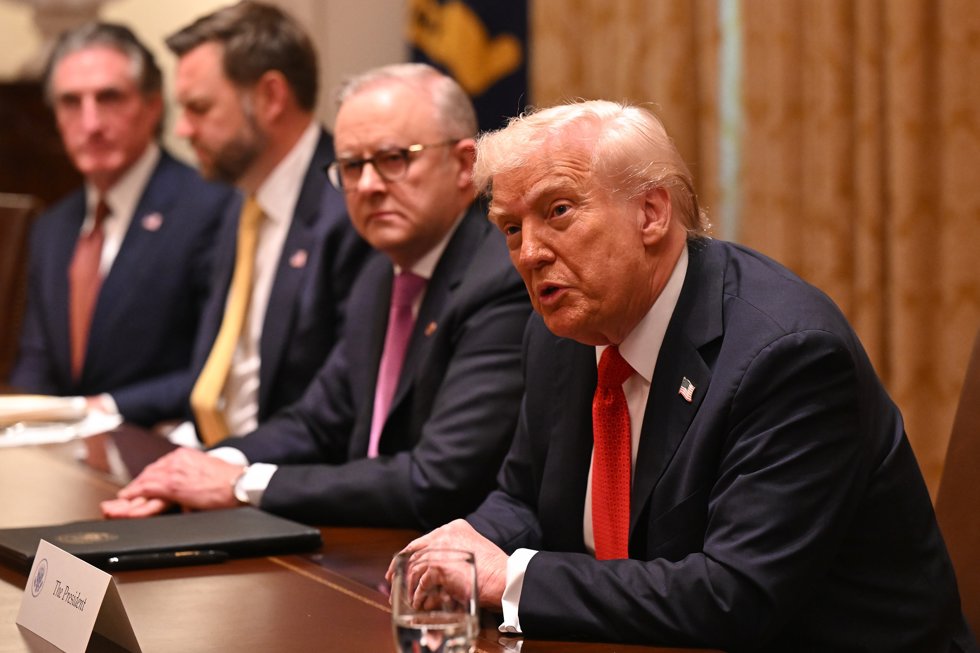 19 October 2025, US, Washington: US President Donald Trump speaks during a meeting with Australian Prime Minister Anthony Albanese at the White House in Washington. Photo: Lukas Coch/AAP/dpa