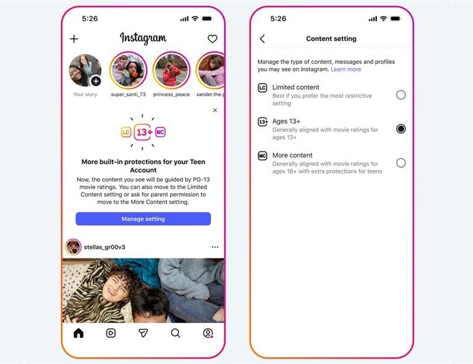 Classificação de conteúdo PG-13 em contas de adolescentes no Instagram
