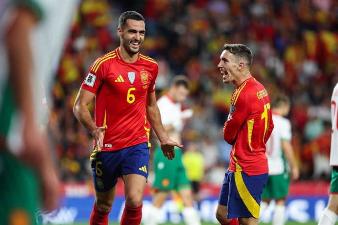 Mikel Merino of Spain celebrates a goal during the FIFA World Cup 2026 qualifier match between Spain and Bulgaria at Jose Zorrilla on October 14, 2025 in Valladolid, Spain.