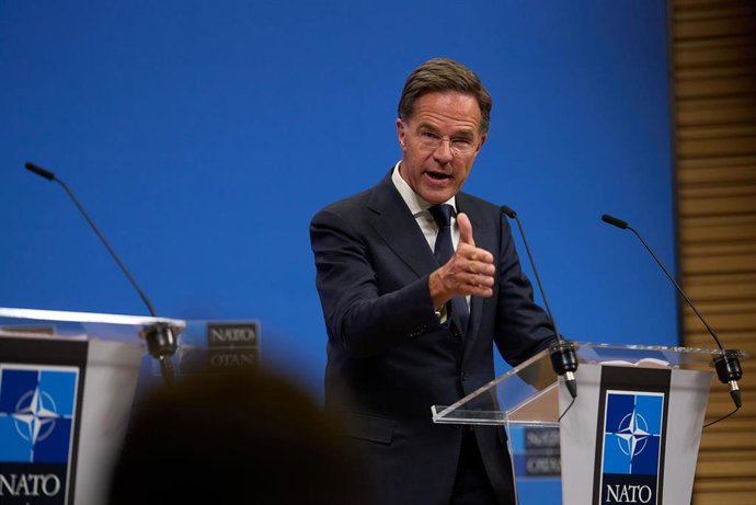 Archivo - El secretario general de la OTAN, Mark Rutte, en rueda de prensa desde la sede de la organizacion en Bruselas.