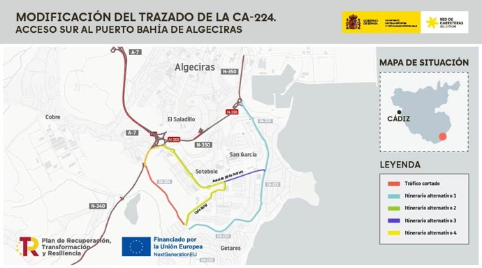 Mapa de ejecución de obras por el Acceso Sur al Puerto de Algeciras en la provincia de Cádiz