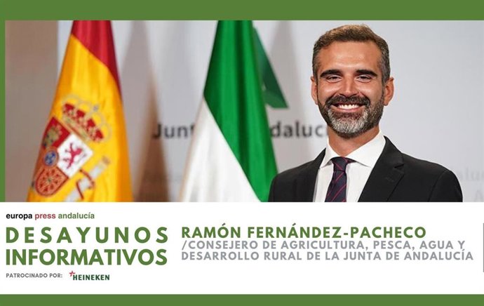 Cartel anunciador del desayuno informativo de Europa Press Andalucía con el consejero de Agricultura, Pesca, Agua y Desarrollo Rural de la Junta, Ramón Fernández Pacheco, el jueves 16 de octubre en Sevilla