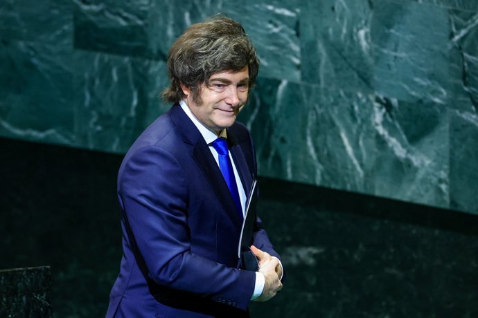 USA, NEW YORK New York City - SEPTEMBER 24, 2025: Argentina's President Javier Milei at a meeting during the 80th session of the UN General Assembly,Image: 1039919532, License: Rights-managed, Restrictions: * Switzerland And Russia Rights Out *, Model Rel