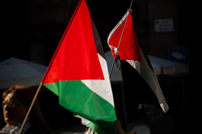 Manifestantes portando banderas palestinas durante un paro parcial con motivo de la huelga general por Palestina.