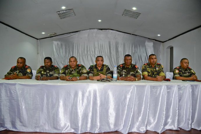 ANTANANARIVO, Oct. 15, 2025  -- Colonel Michael Randrianirina (C), a Malagasy military officer, attends a meeting between military officers and parliament members, in Antananarivo, Madagascar, Oct. 14, 2025. Colonel Michael Randrianirina, a Malagasy milit