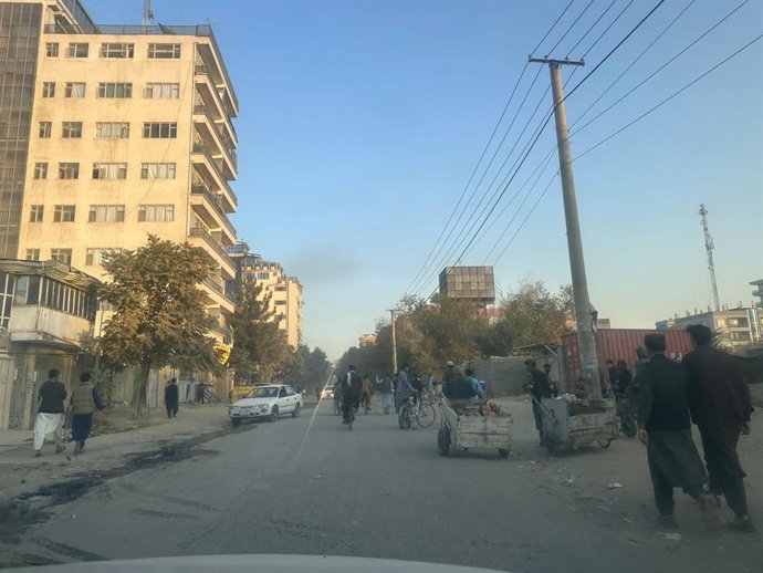 KABUL, Oct. 15, 2025  -- Residents panic in a street after hearing an explosion in Kabul, the capital of Afghanistan, Oct. 15, 2025. A blast was heard in the Afghanistan capital Kabul at around 3 p.m. local time Wednesday, causing panic among city residen