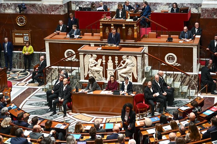 14 October 2025, France, Paris: French Prime Minister Sebastien Lecornu delivers his first general policy speech in front of the parliament and the new government following by a debate at the National Assembly in Paris, Photo: Julien Mattia/Le Pictorium v