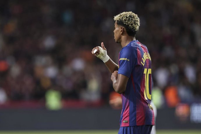 Lamine Yamal of FC Barcelona gestures during the Spanish league, La Liga EA Sports, football match played between FC Barcelona and Real Sociedad at Estadi Olimpic Lluis Companys on September 28, 2025 in Barcelona, Spain.