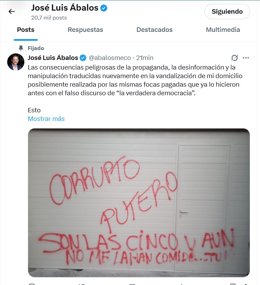 Mensagem de José Luis Abalos denunciando a pichação em sua casa