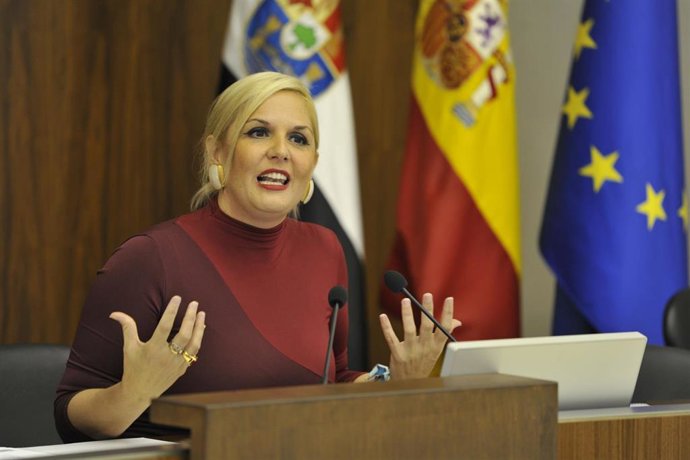 La consejera de Hacienda y Administración Pública, Elena Manzano, en rueda de prensa en la Asamblea para la presentación de los PGEx 2026