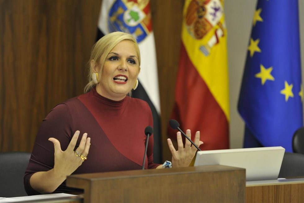 La consejera de Hacienda y Administración Pública, Elena Manzano, en rueda de prensa en la Asamblea para la presentación de los PGEx 2026
