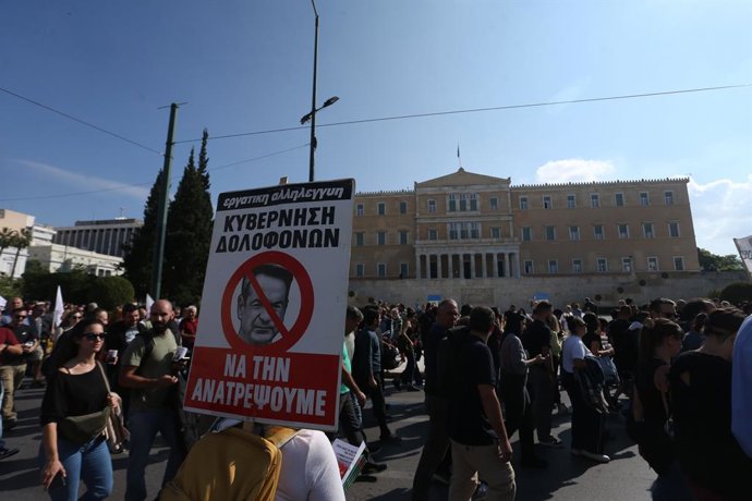 October 14, 2025, Athens, Greece: Protesters march through Athens today as part of a nationwide strike against a proposed labor reform allowing 13-hour workdays, demanding protection of workers' rights and the maintenance of the eight-hour standard.