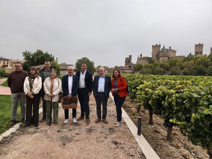 El consejero Aierdi junto al presidente del CRDO Navarra, David Palacios, el alcalde de Olite, Josu Etxarri.