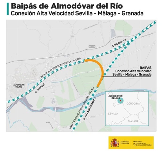 El nuevo baipás de Almodóvar del Río (Córdoba), que conectará las líneas de alta velocidad Madrid-Sevilla y Córdoba-Málaga.