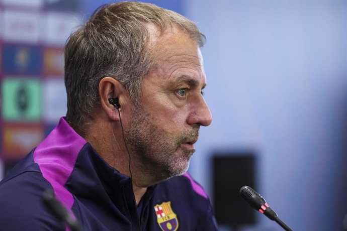Hansi Flick, head coach of FC Barcelona, attends his press conference during the training day of FC Barcelona ahead the Spanish League, La Liga EA Sports, football match against Real Sociedad at Ciudad Esportiva Joan Gamper on September 27, 2025 in Sant J