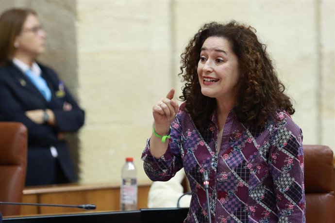La portavoz del Grupo Por Andalucía, Inmaculada Nieto, interviene en una sesión de control en el pleno del Parlamento andaluz. 