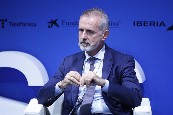 Archivo - El presidente de Indra, Marc Murtra, interviene durante la apertura del evento 'World in Progress' de Grupo Prisa, a 14 de octubre de 2024, en Barcelona, Cataluña (España).
