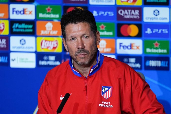 Diego Pablo Simeone, head coach of Atletico de Madrid, attends a press conference ahead of their UEFA Champions League 2025/26 match against Eintracht Frankfurt at Riyadh Air Metropolitano on September 29, 2025, in Madrid, Spain.