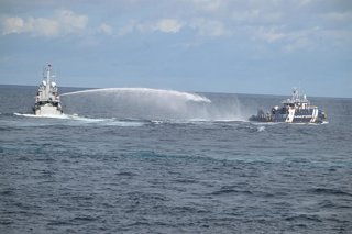 BEIJING, Oct. 12, 2025  -- Philippine public vessel 3003 illegally intrudes into the waters near Tiexian Jiao in the South China Sea on Oct. 12, 2025.   Chinese Coast Guard (CCG) lawfully expelled Philippine official vessels that illegally intruded into t