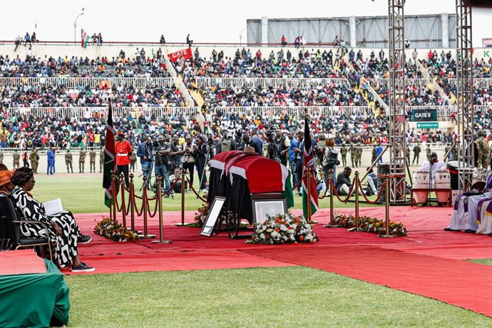 October 17, 2025, Nairobi, Kenya: The casket bearing the body of the late former Kenyan Prime Minister Raila Odinga during the state funeral at the Nyayo National Stadium in Nairobi. Kenyans gathered at the Nyayo National stadium for a state funeral of fo
