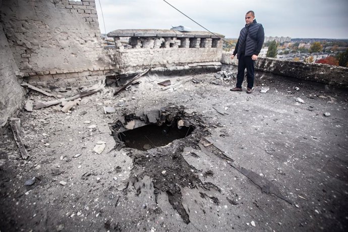 October 8, 2025, Sumy, Ukraine: Hole caused in the roof of an apartment building in Sumy by the impact of a Russian drone.