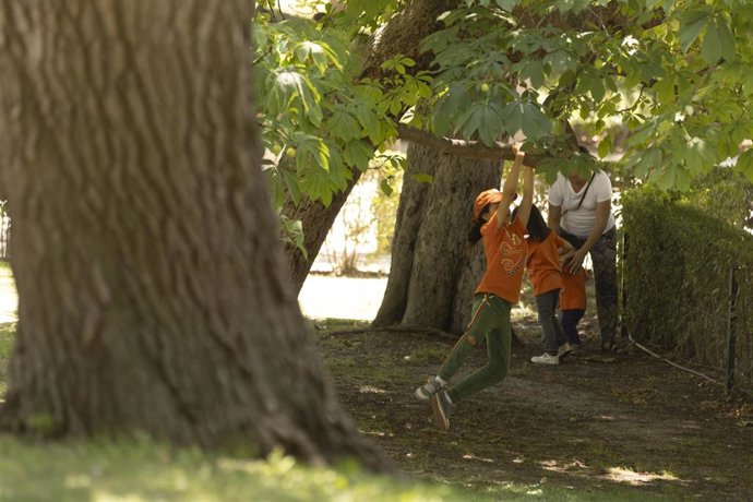 Archivo - Una familia en el parque de El Retiro.