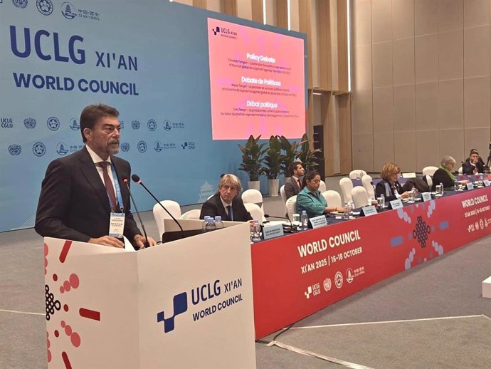 Barcala durante su intervención ante el Consejo Mundial de Ciudades