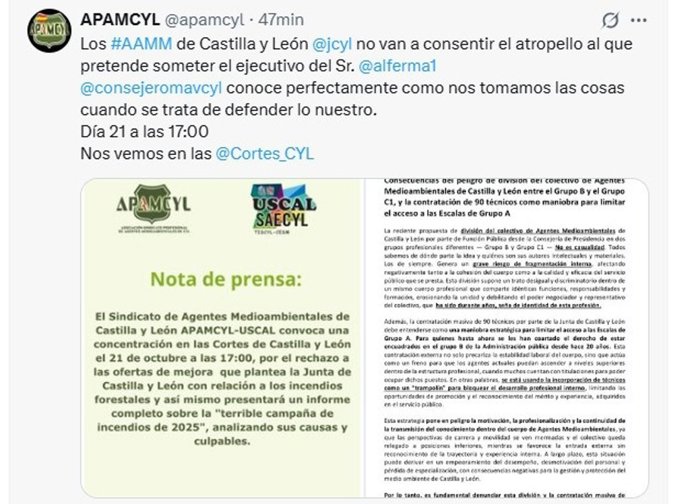 Mensaje en 'X' de Apamcyl en el que convoca una concentración tras romperse la negociación con la Junta.