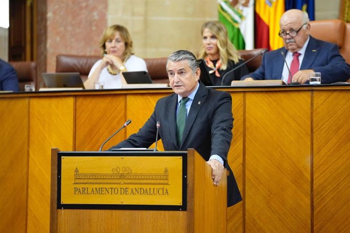 Archivo - El consejero de la Presidencia, Antonio Sanz, durante su comparecencia en el Pleno del Parlamento andaluz. (Foto de archivo).