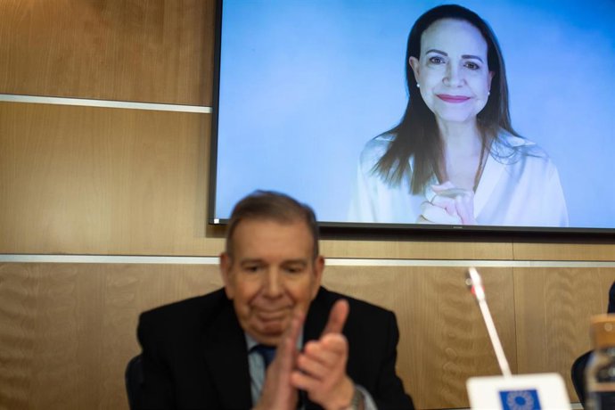 Archivo - Edmundo González y María Corina Machado por videoconferencia, durante el evento ‘Venezuela, Memoria y Justicia’, en la sede del Parlamento Europeo el pasado 10 de junio.
