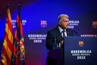 El presidente del FC Barcelona, Joan Laporta, durante la Asamblea General Ordinaria 2025 del club